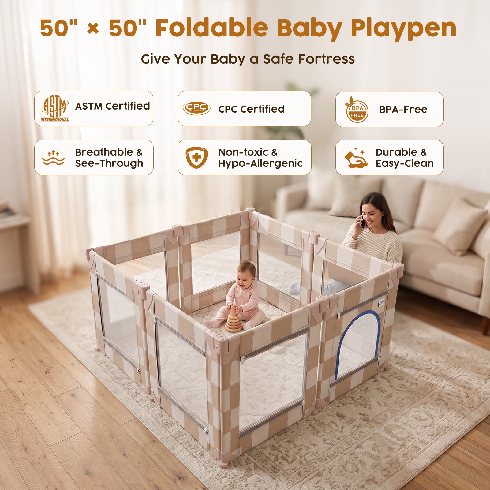 Foldable Baby Playpen, 50x50 (Sand Checks)