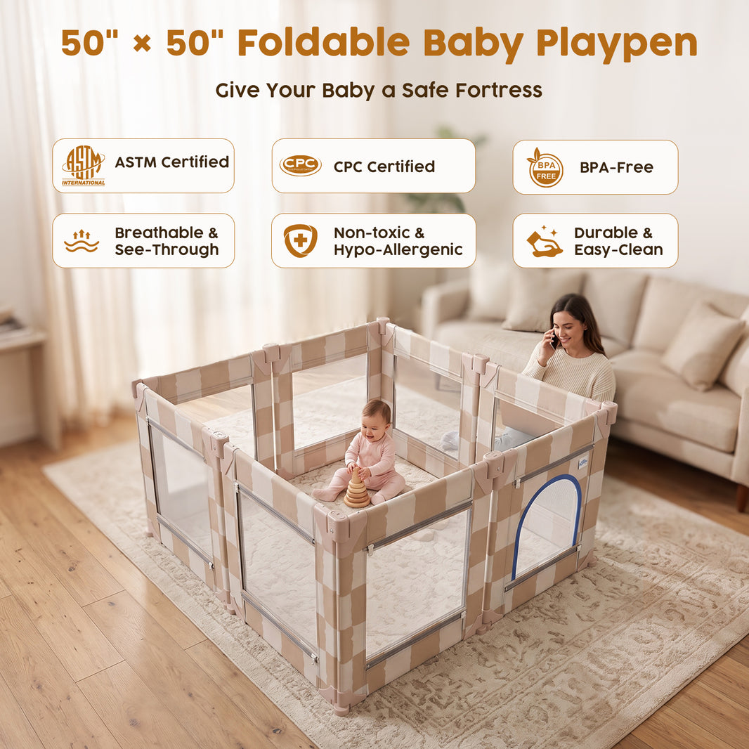 Foldable Baby Playpen, 50x50 (Sand Checks)