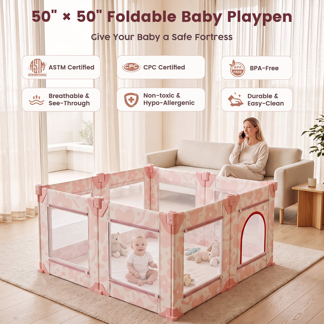 Foldable Baby Playpen, 50x50(Pink Floral)