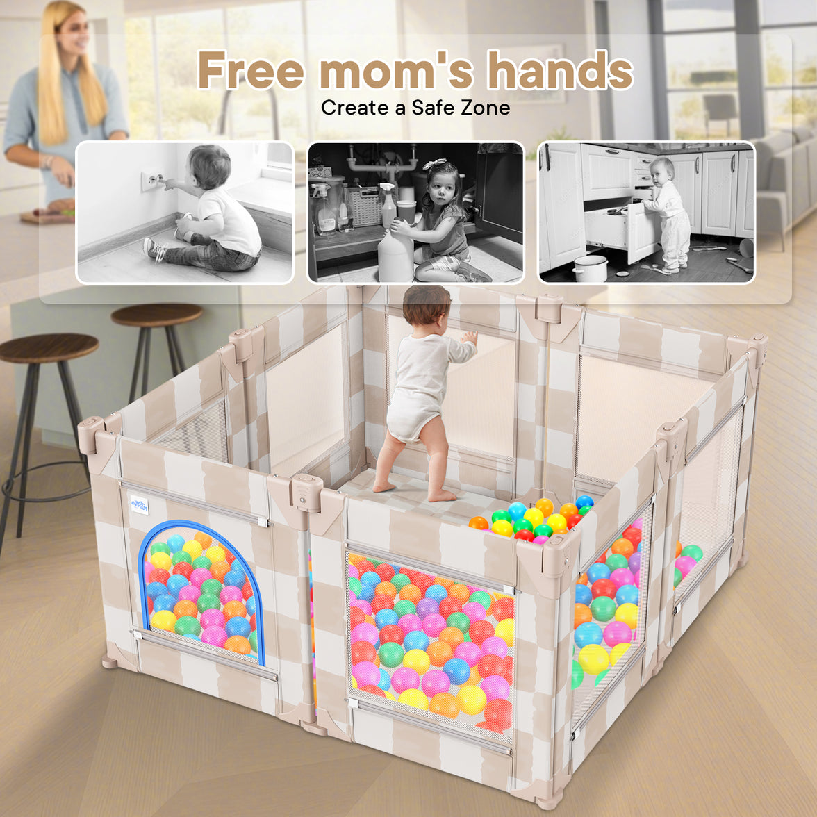 Baby Playpen, 50 x 50 in Play Pen for Babies and Toddlers (Sand Checks)