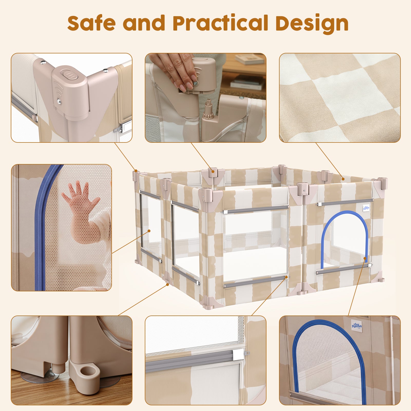 Foldable Baby Playpen, 50x50 (Sand Checks)