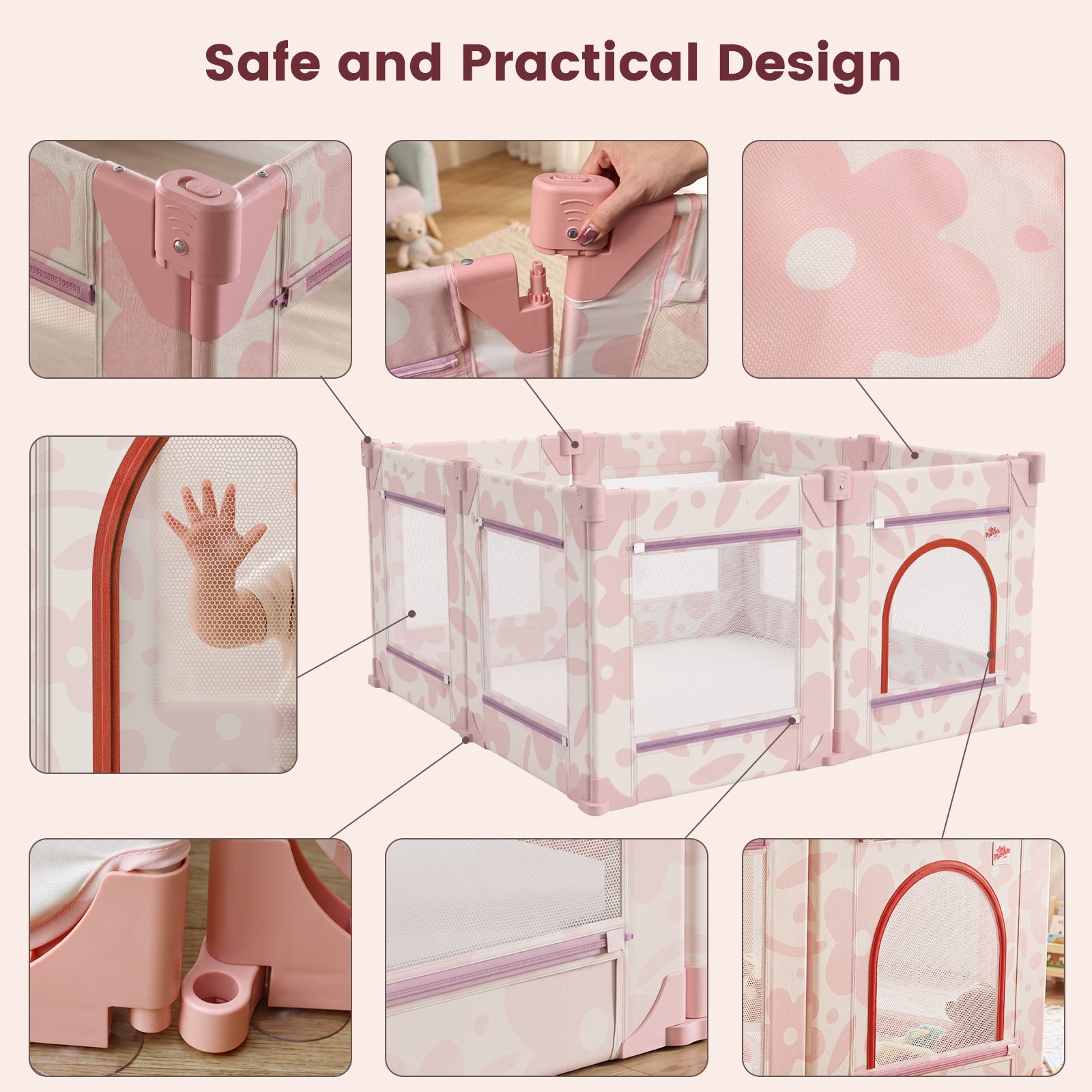 Foldable Baby Playpen, 50x50(Pink Floral)