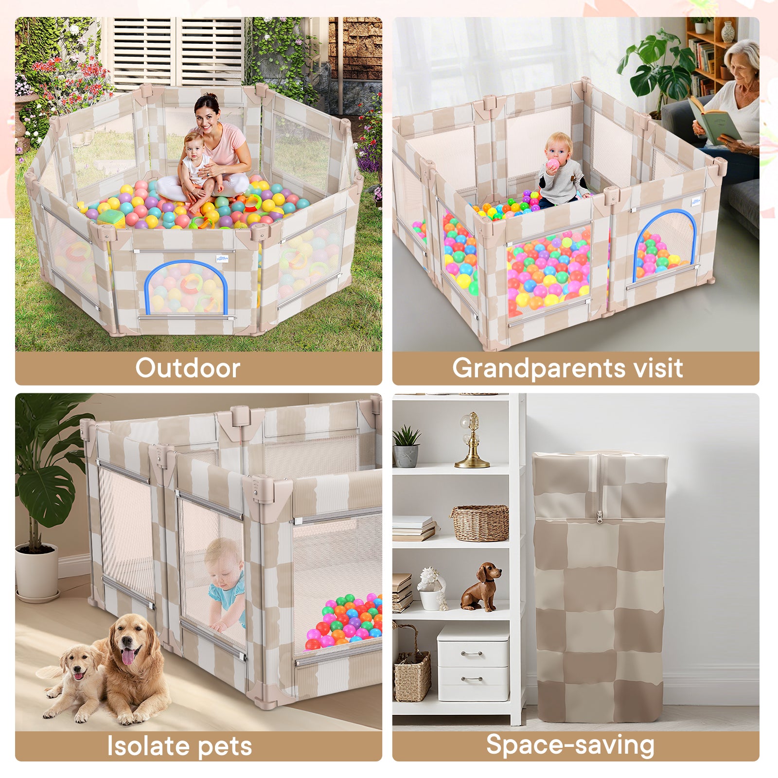 Baby Playpen, 50 x 50 in Play Pen for Babies and Toddlers (Sand Checks)